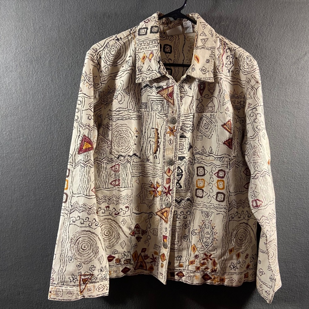Chico's aztec tribal Jacket large Embroidered Cotton Abstract boho artsy art